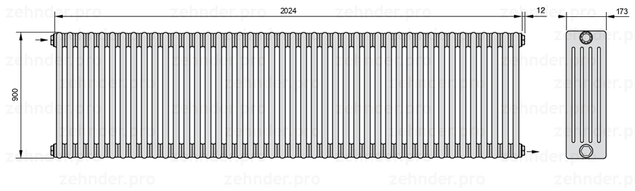 Схема (чертеж) Радиатор Zehnder Charleston 5090/44 №1670 Белый глянцевый RAL 9016